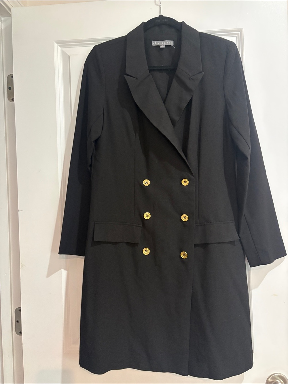 Sharagano Black Double-Breasted Blazer Coat with Gold Buttons